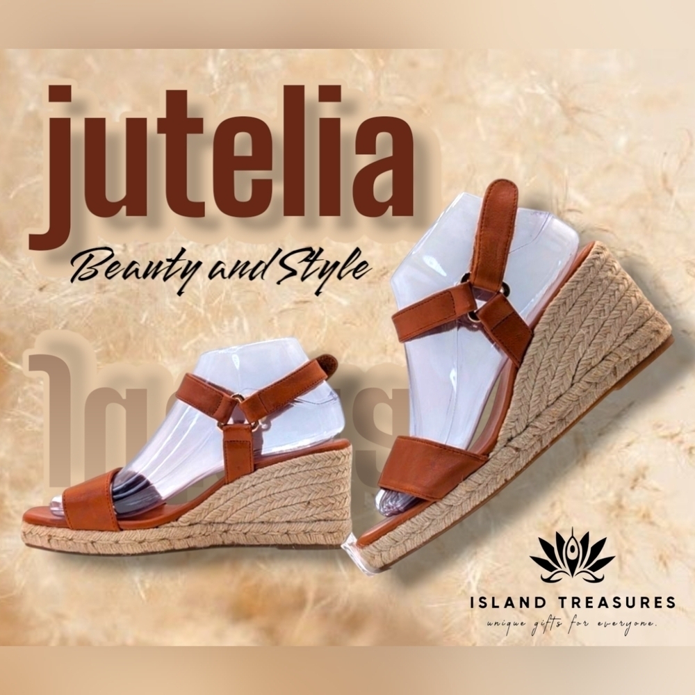 NEW Jutelia Made In Spain Brown Leather Espadrilles Raffia Braided Wedge Sz 7.5